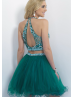 Tulle Beaded Halter Keyhole Back Two Piece Knee Length Prom Dress 